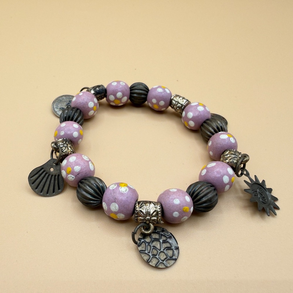 Chunky Lavender Bead Charm Bracelet Boho Sun Shell Cottagecore Statement Gift